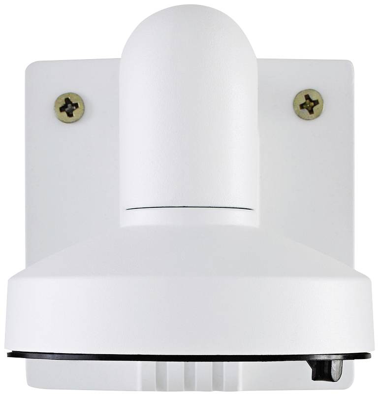 White, wall-mounted bracket for a surveillance camera. Suitable for indoor or outdoor use.