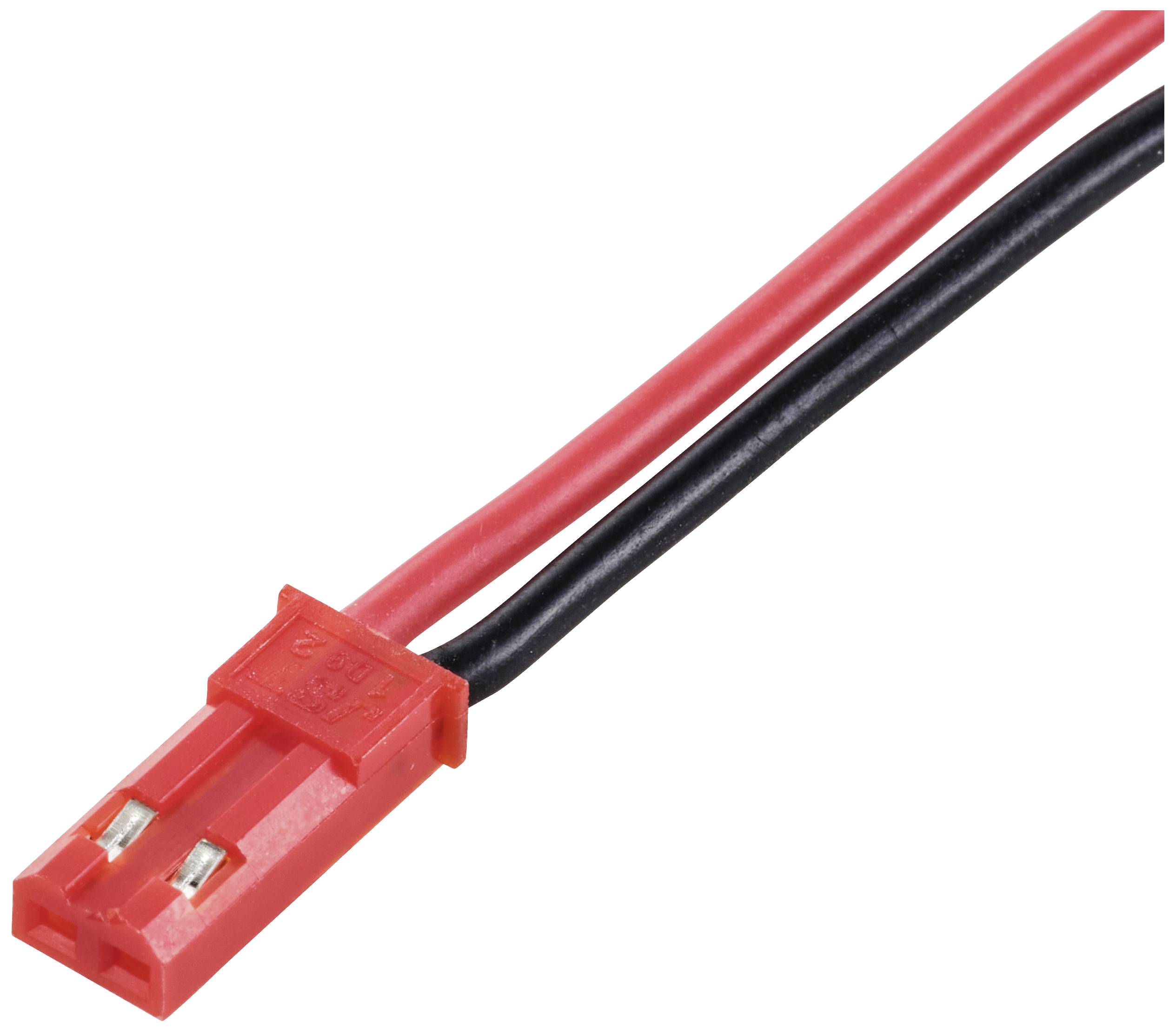 A red JST plug with two cables, one red and one black, for connecting electronic components.