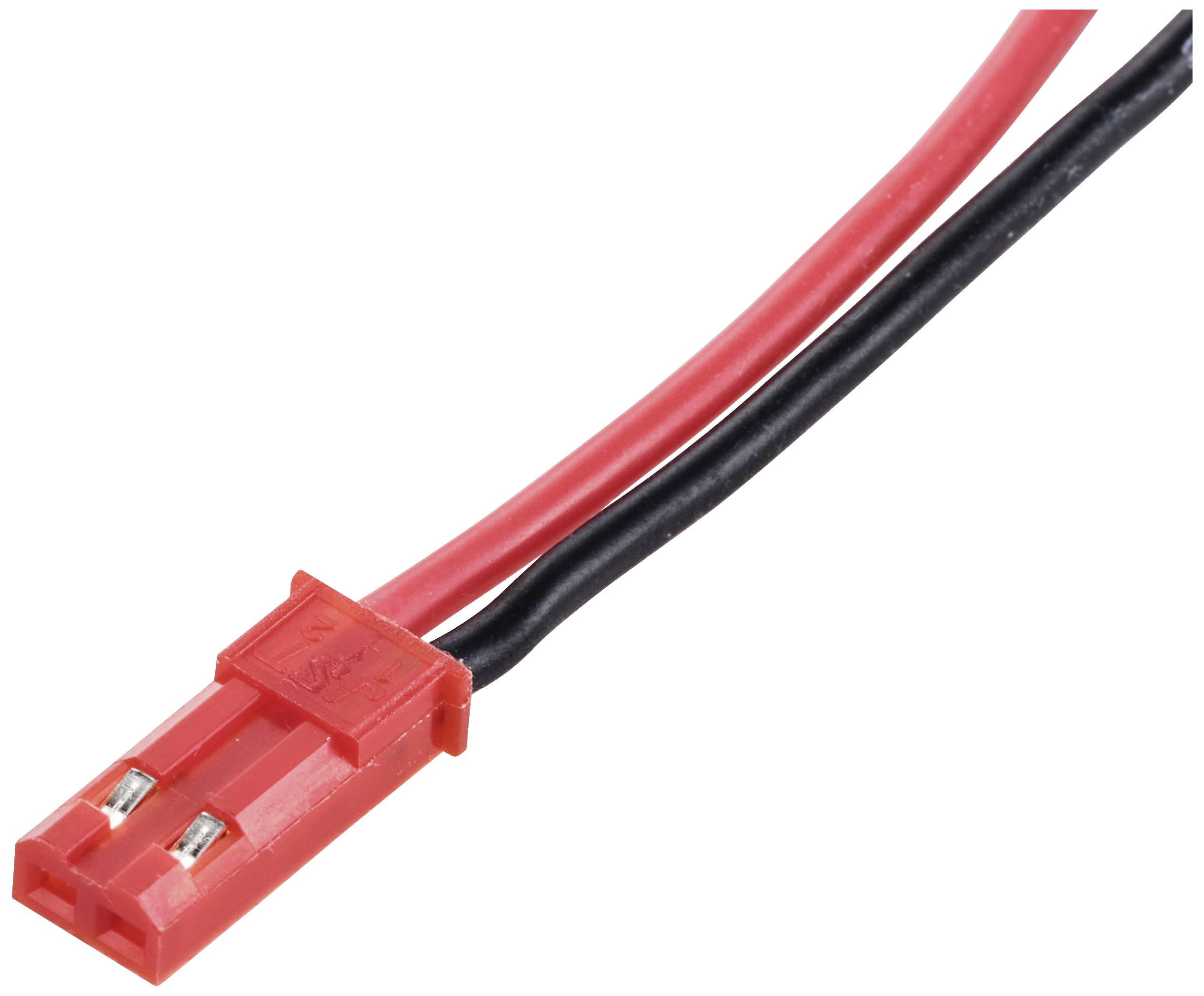 Red JST plug with two pins, connected to a red and a black cable, for power or signal transmission.