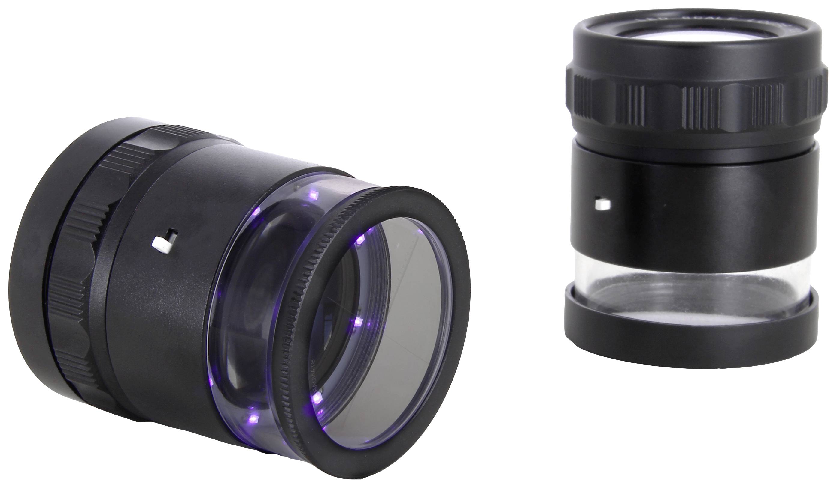 Two black camera lenses side by side. On the left, a lens with blue illumination, on the right a shorter lens without illumination.