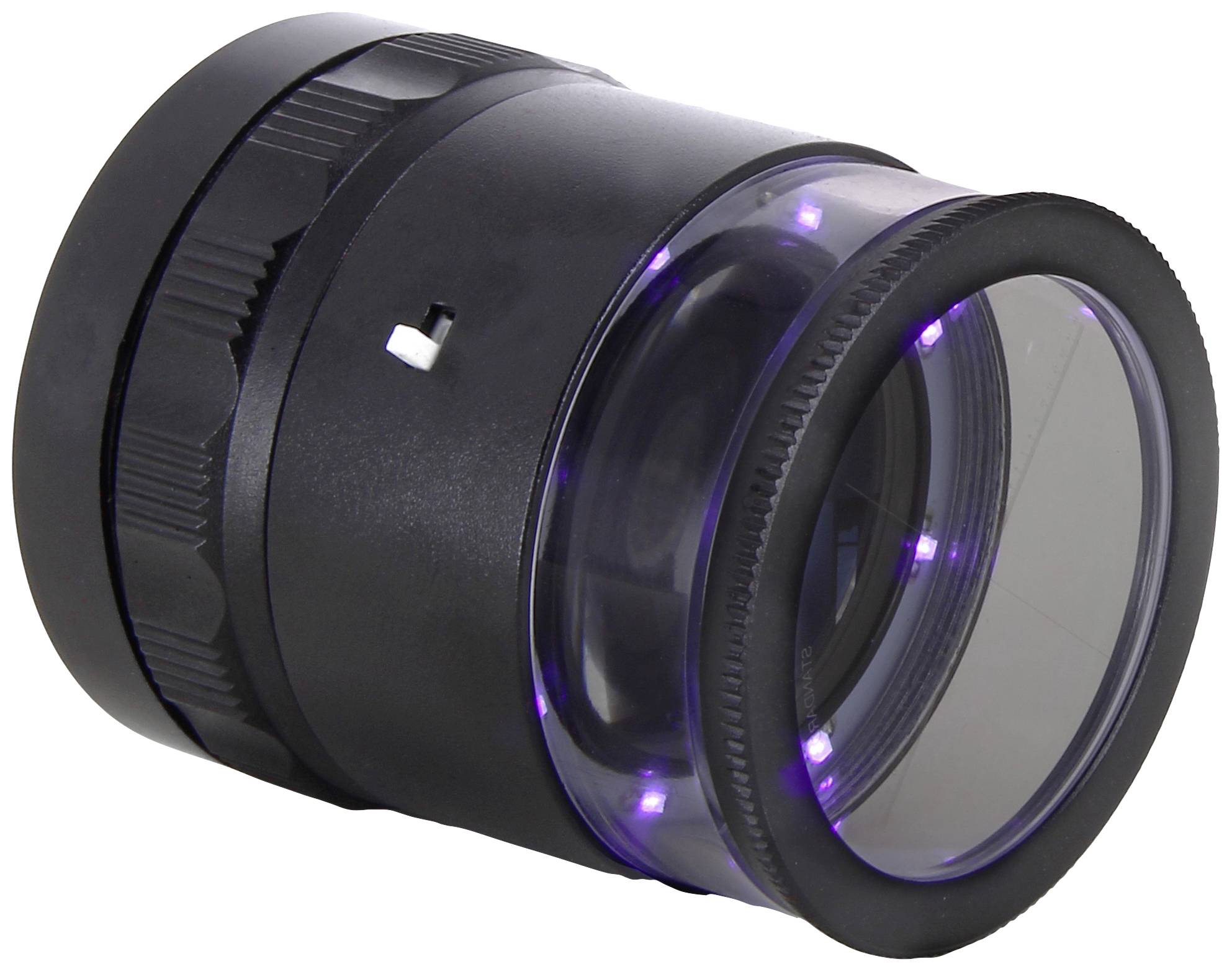 A black eyepiece with several small, glowing blue lights around its edge. It is used for optical magnification.