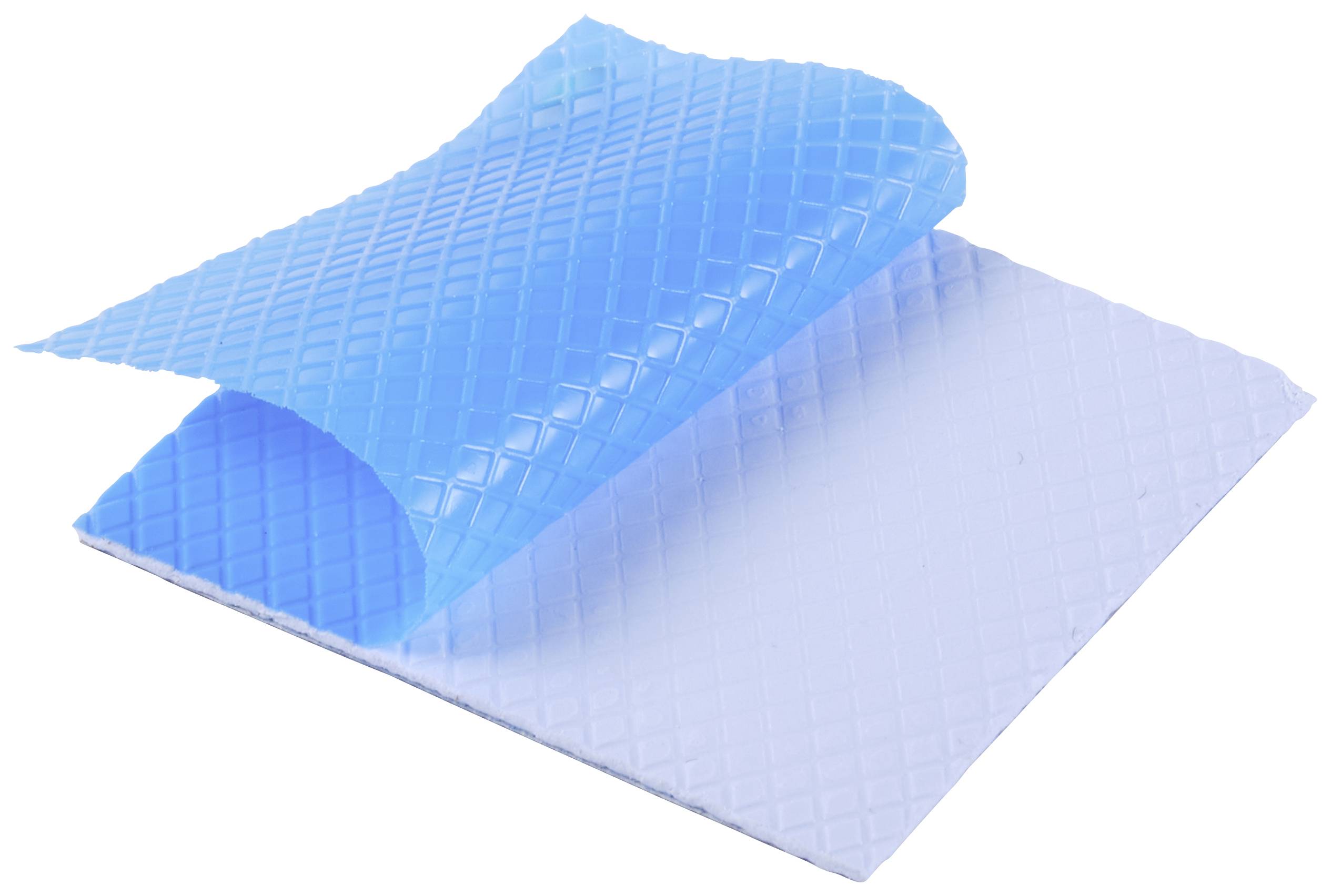 A blue, structured sheet is folded over a white sheet. Both sheets have a diamond-shaped pattern.