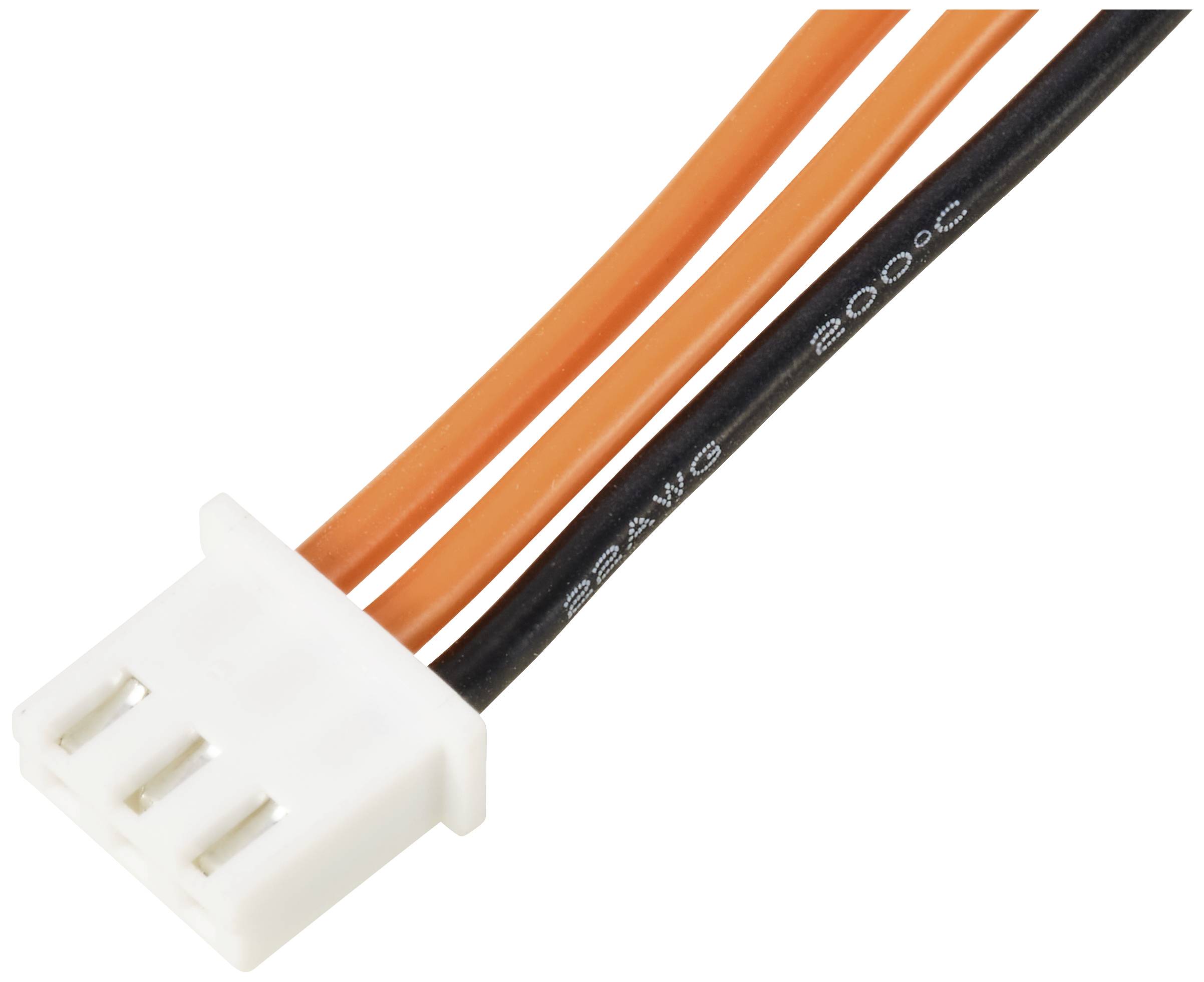 A white three-pin connector with two orange and one black cable. Cables labelled '22 AWG 300 V'.
