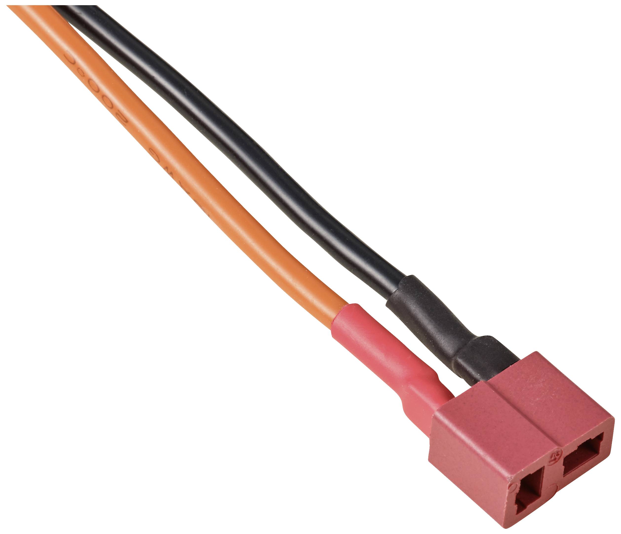 Two cables, one orange and one black, connected to a red plastic plug.