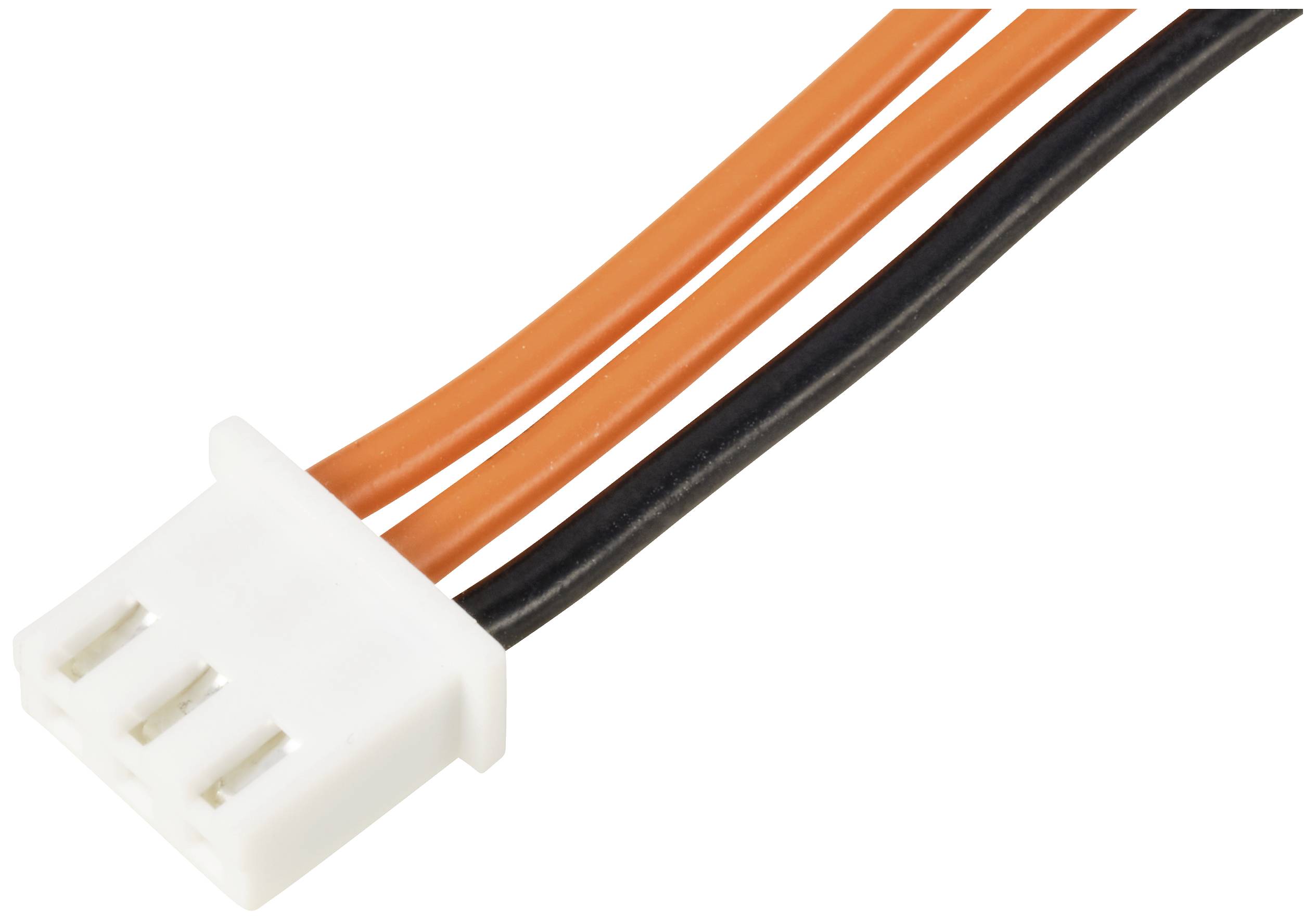 Close-up of a three-pin white connector with two orange and one black cable.