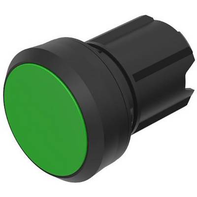 Green plastic push button, viewed from the side. Suitable for machines or electronic devices as a start or confirmation switch.