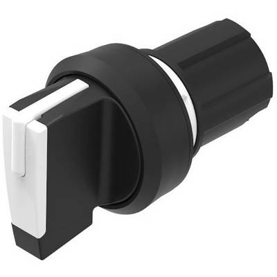 Black rotary switch with white handle, suitable for controlling electrical devices.