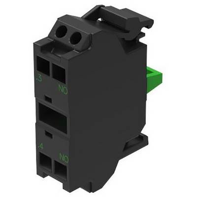 Black electric switch block with a green lever on the side. Two openings on the front, labelled '.3' and '.4'.