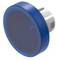 Round, blue button with clear cover, shown perspectively from the side.