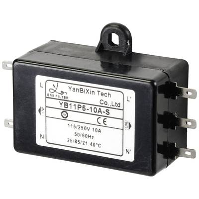 Black EMI filter with six terminals, label 'YanBiXin Tech Co., Ltd', model 'YB11P5-10A-S', technical specifications printed.