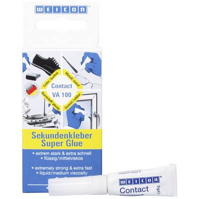 Packaging for a tube of instant adhesive 'Weicon Super Glue'. Label: 'extremely strong & extra fast, liquid/medium viscosity'.