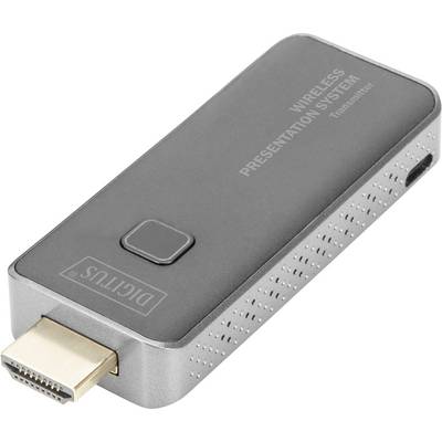 A black wireless presentation system transmitter with an HDMI port, rectangular and compact, is used for transmitting video signals.