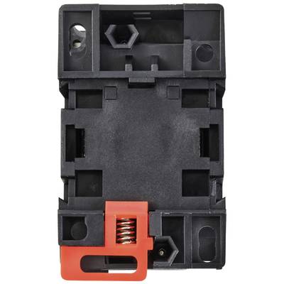 Black plastic electronic component carrier with red locking mechanism and spring, potentially for securing modules.
