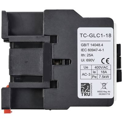 Black protective switch with marking 'TC-GLC1-18', specifications: 25A, 690V, 18A Max, 7.5kW, standards GB/T 14048.4, IEC 60947-4-1.