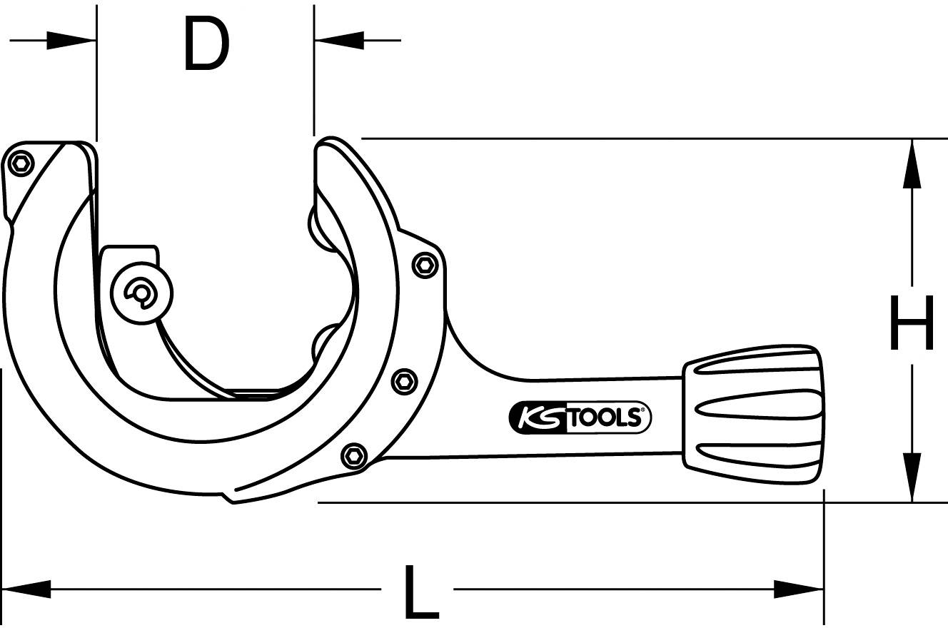 Rohrschneider diagram with handle and adjustable cutting wheel, with labels for length (L), diameter (D) and height (H).