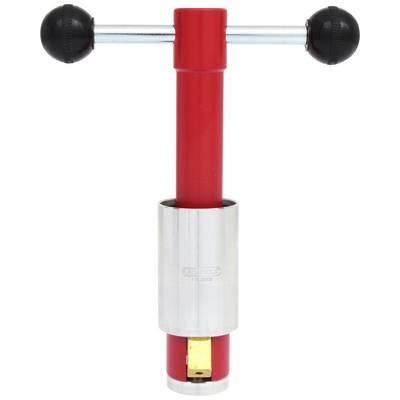 Red tool for removing a bicycle bottom bracket with a silver central section. Ideal for bicycle maintenance work.