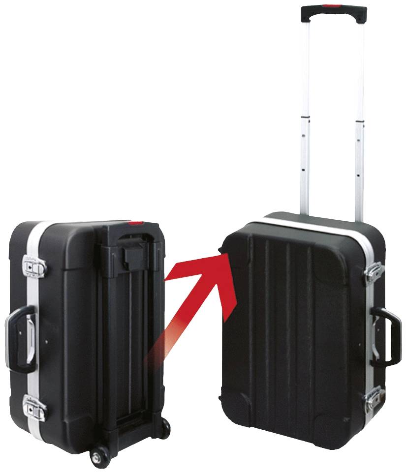 'Two black suitcases: On the left, standing upright with wheels, on the right, upright with extended telescopic handle, connected by a red arrow.'