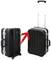 'Two black suitcases: On the left, standing upright with wheels, on the right, upright with extended telescopic handle, connected by a red arrow.'
