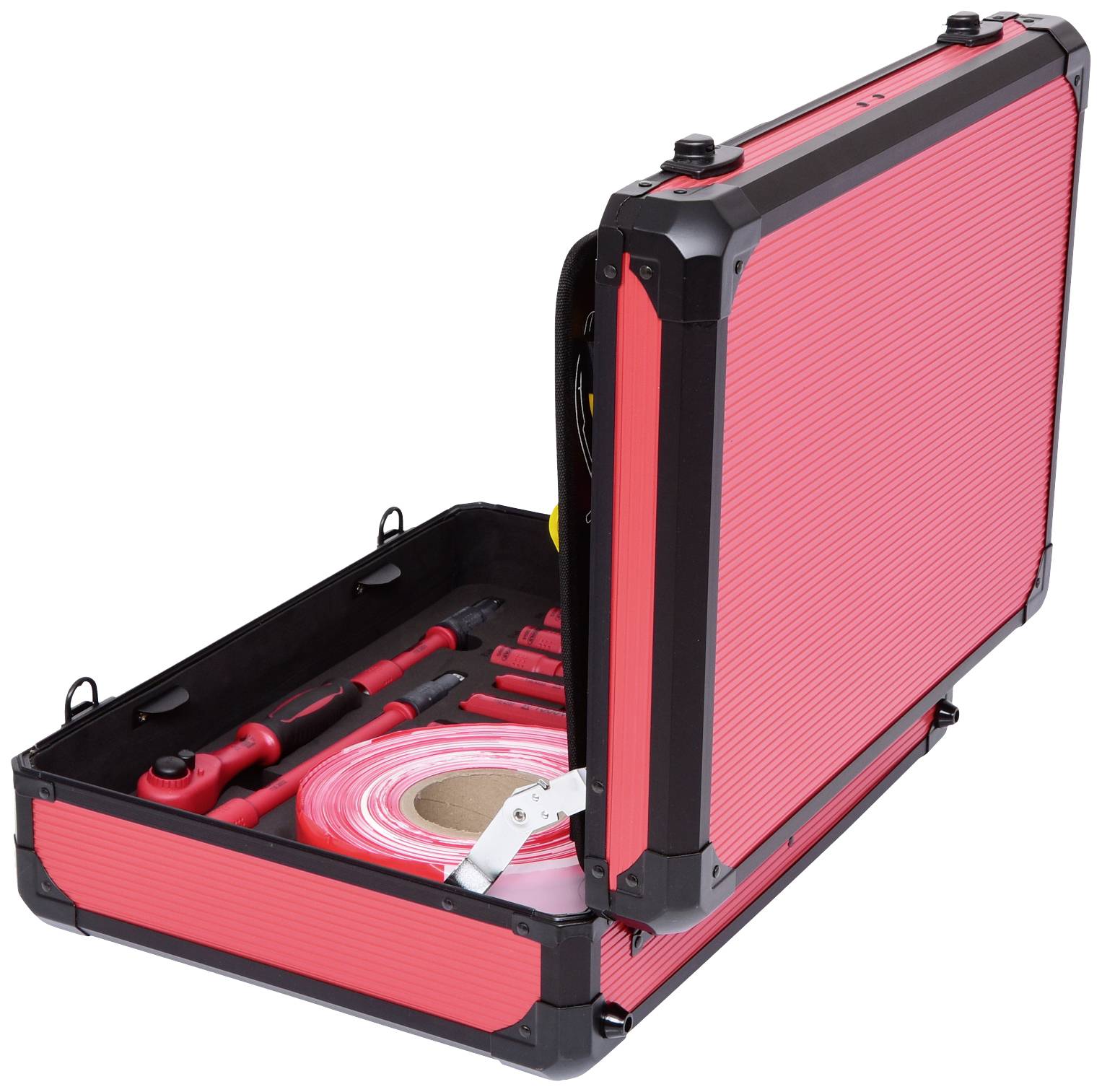 An open red toolbox with various tools and accessories, ready for use.