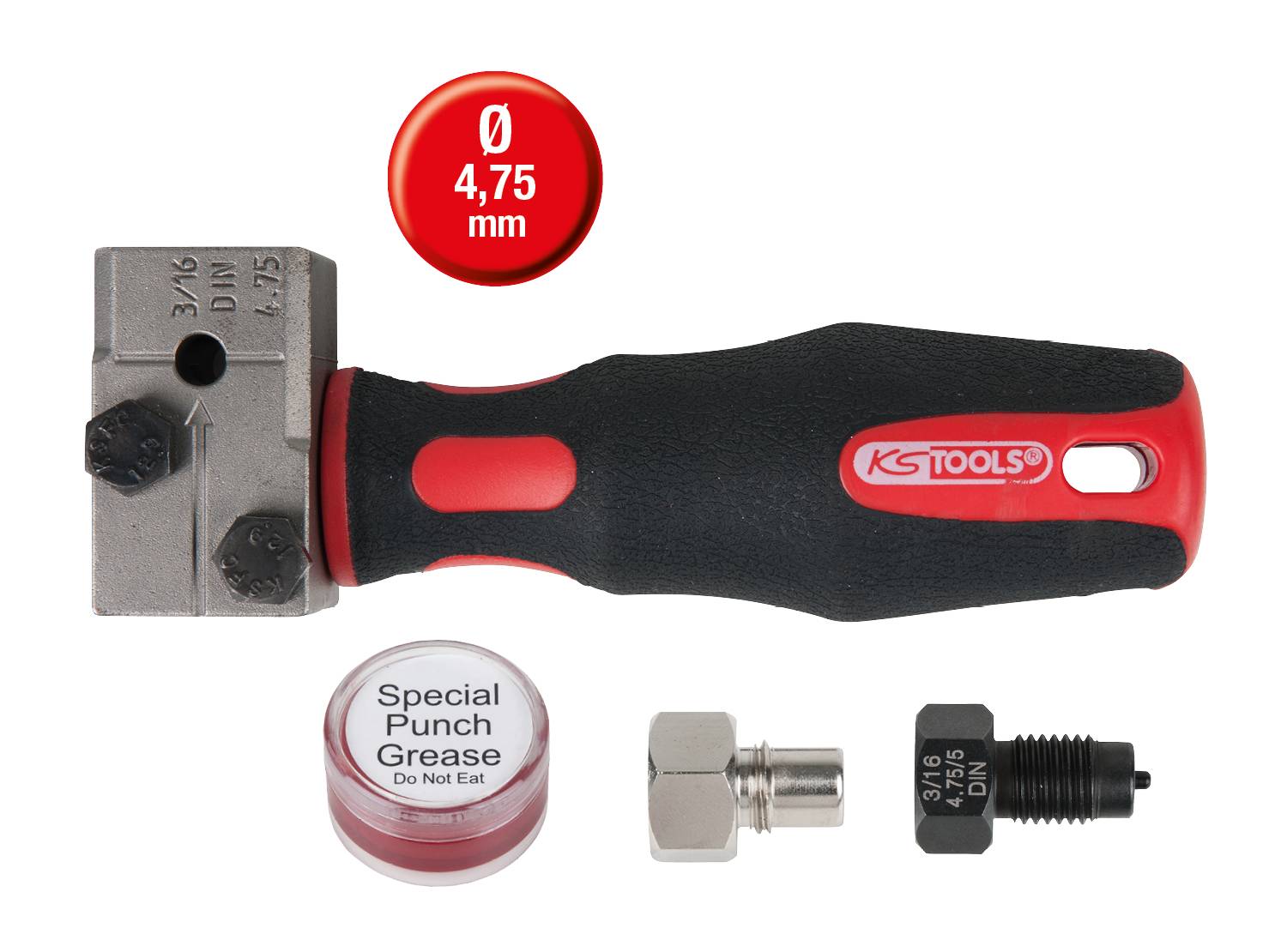 Hand tool with 'Ø 4.75 mm' marking, two interchangeable screws, and 'Special Punch Grease' lubricant in a small tin.