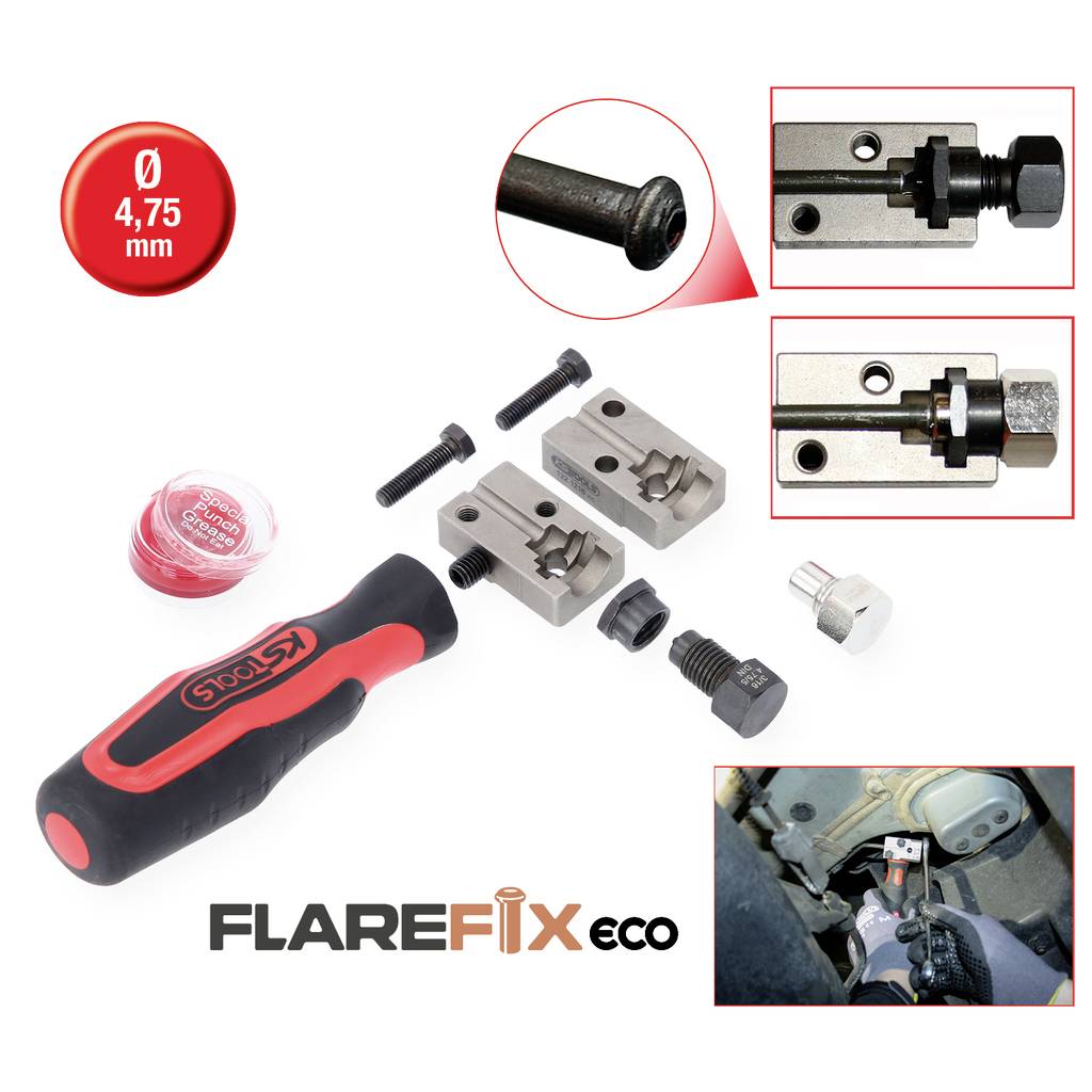 A pipe repair tool kit consisting of a handle, screws, forming jaws and sealing gasket, suitable for pipes with a diameter of 4.75 mm.