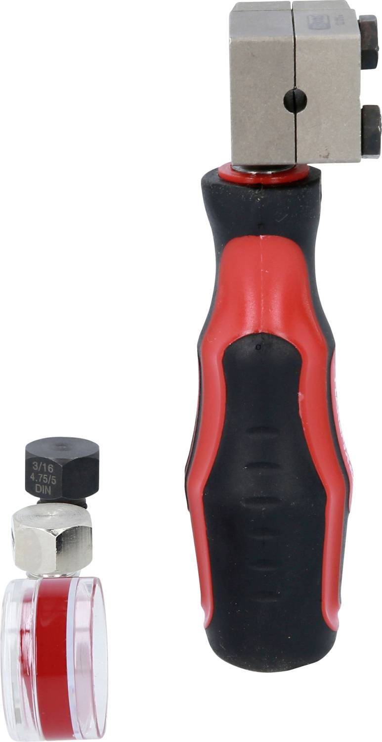 'Hand tool with black and red handle, metal head and accessory parts. Suitable for cutting or trimming materials.'