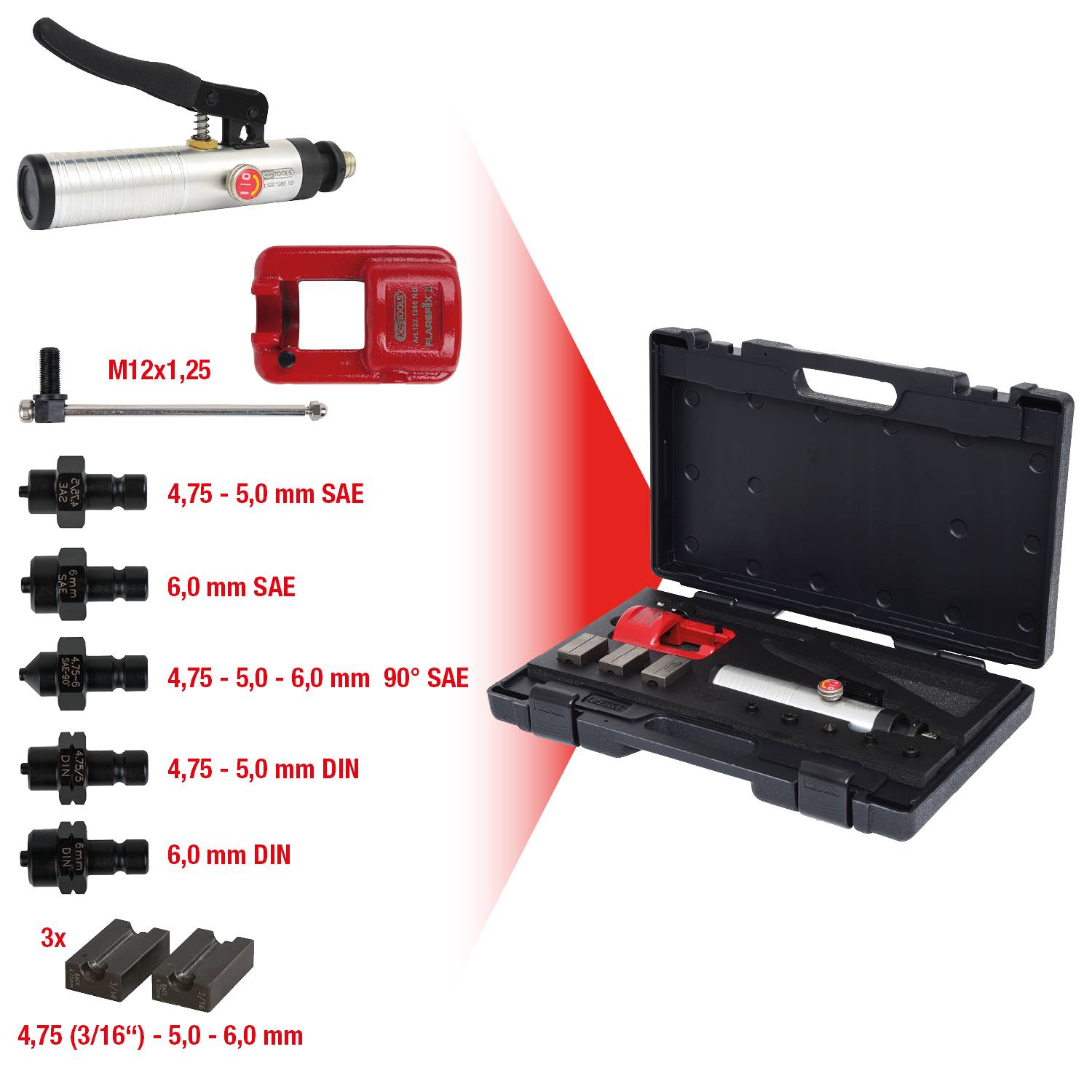 A brake line tool kit for automotive use, with a flaring tool, various adapters, and a storage box.