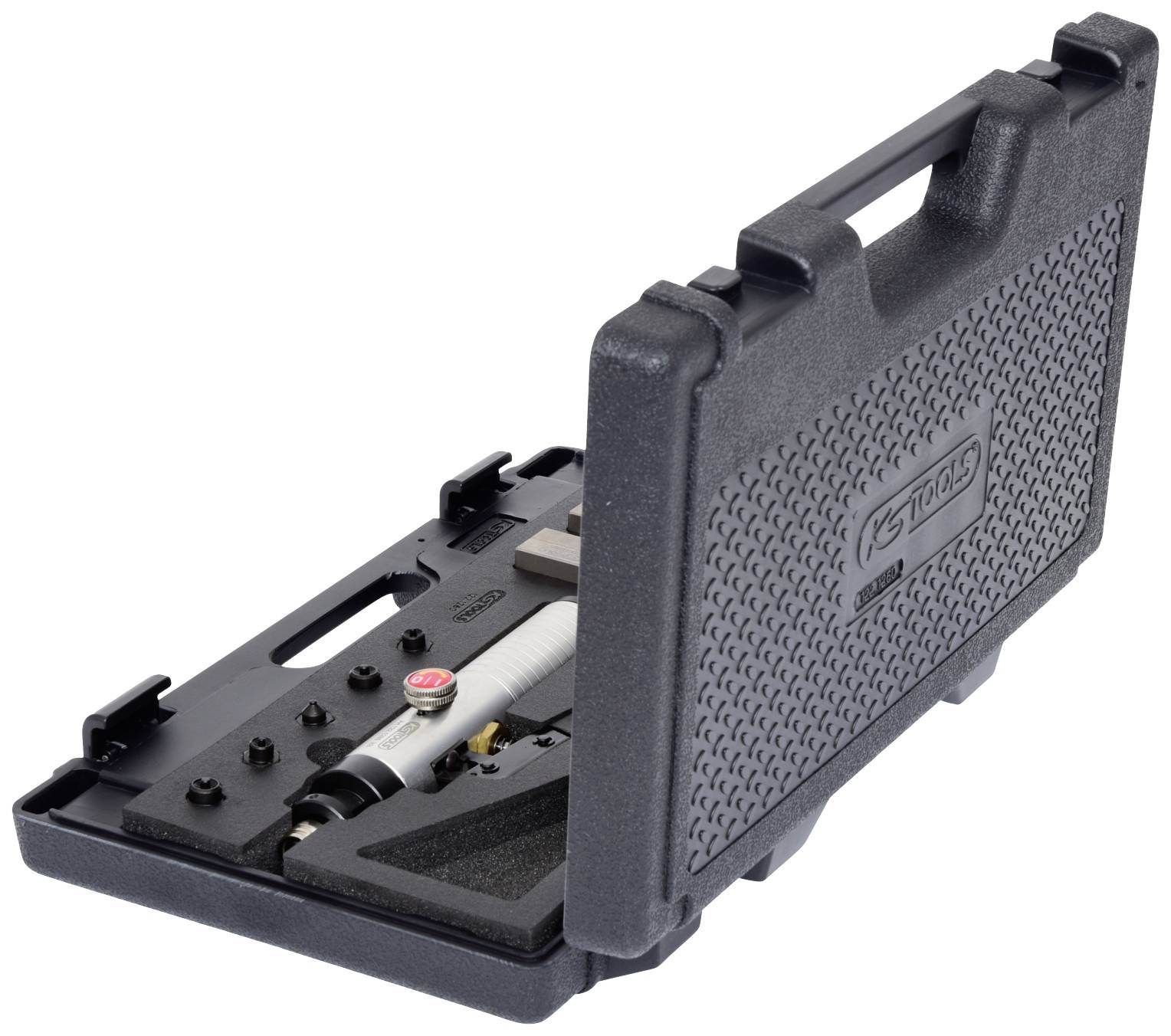A black tool case with an open lid displays various tools and parts, including a spanner.