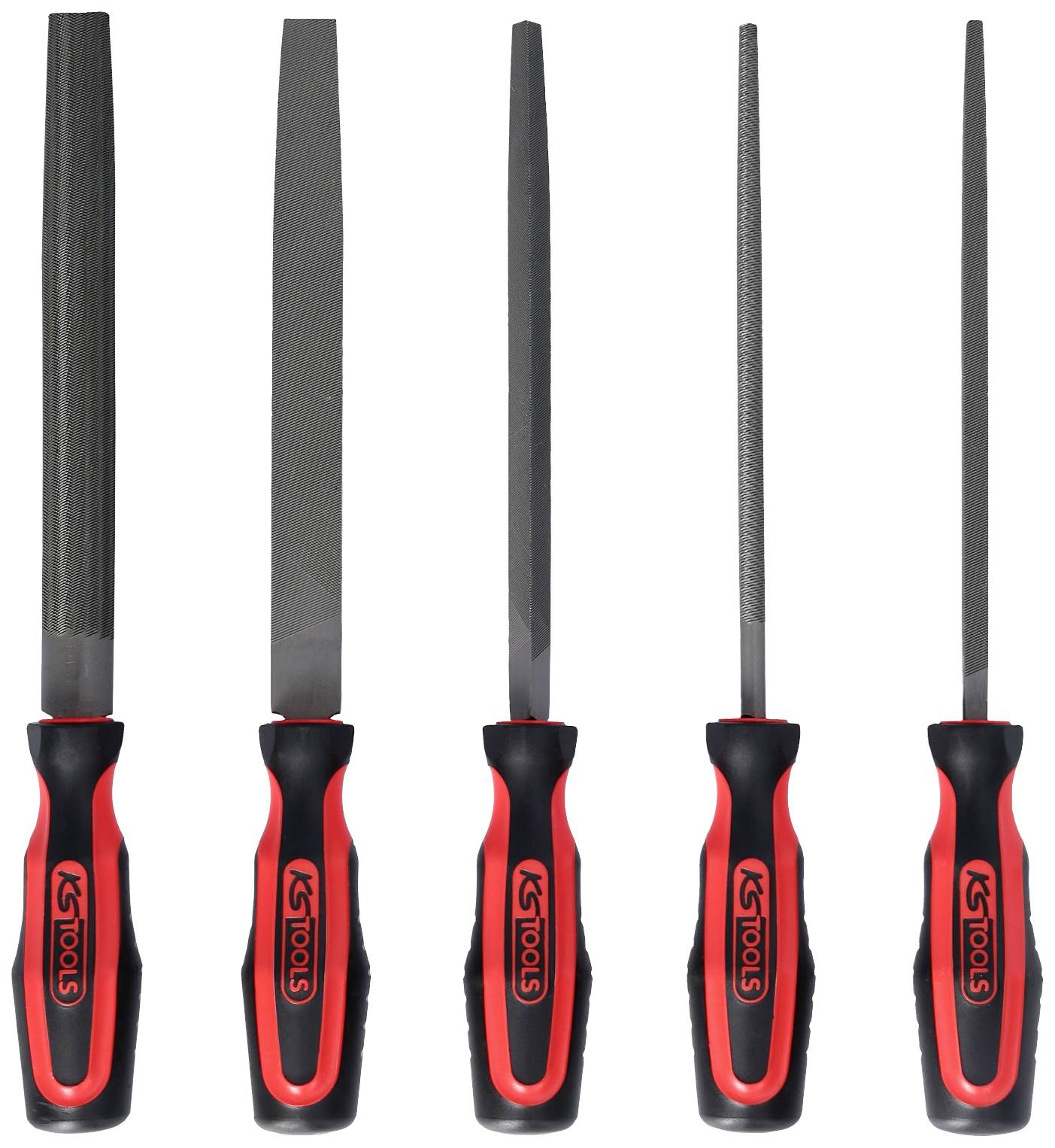 Five files with red and black handles, in various formats: flat, round, triangular, square, and half-round.
