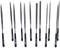 Twelve metal files with black handles and blue 'tools' prints, arranged in two rows. Various shapes and sizes.
