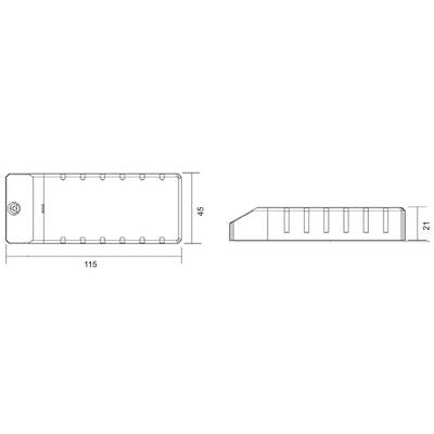 Technical drawing of a rectangular component with dimensions 115 x 45 x 21 mm, shown in side view and top view.