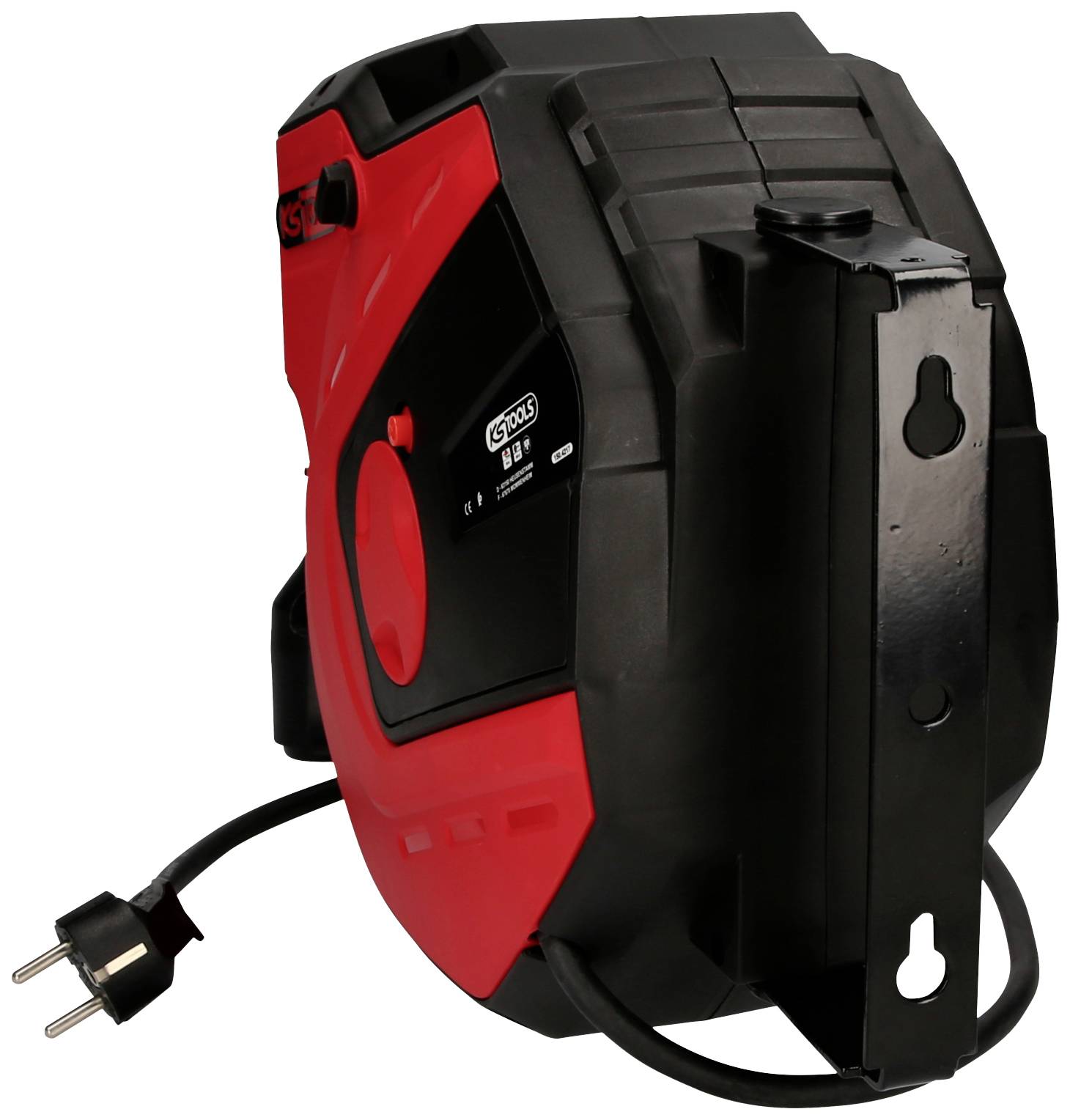 A red and black automatic cable rewind system with a socket, mountable on a wall bracket.