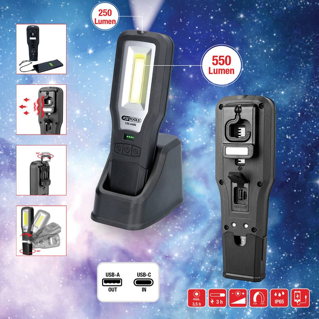 Multifunctional LED Torch: offers 250 and 550 lumens. Rechargeable via USB-A/C. Water and dust resistant to IP65 standard. Ideal for various applications.