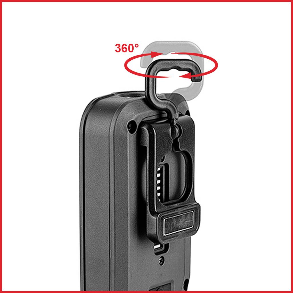 The image shows the rear section of a black device with a rotatable hook that can be swivelled through 360 degrees.