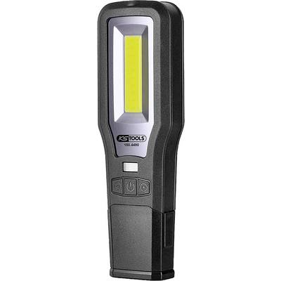 A portable LED work light in black with a yellow illumination surface and three control buttons on the front.