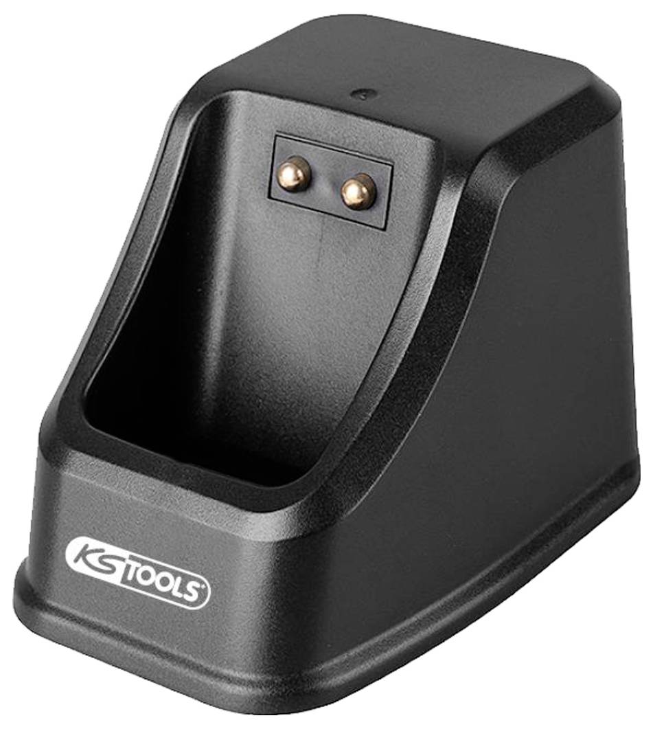 Black battery charger with slots and two contacts. The 'KS Tools' logo is visible on the front.
