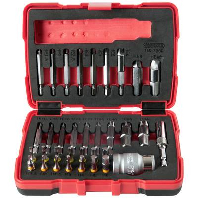 A red tool set with various screwdriver attachments and bits in an open box, arranged in rows.