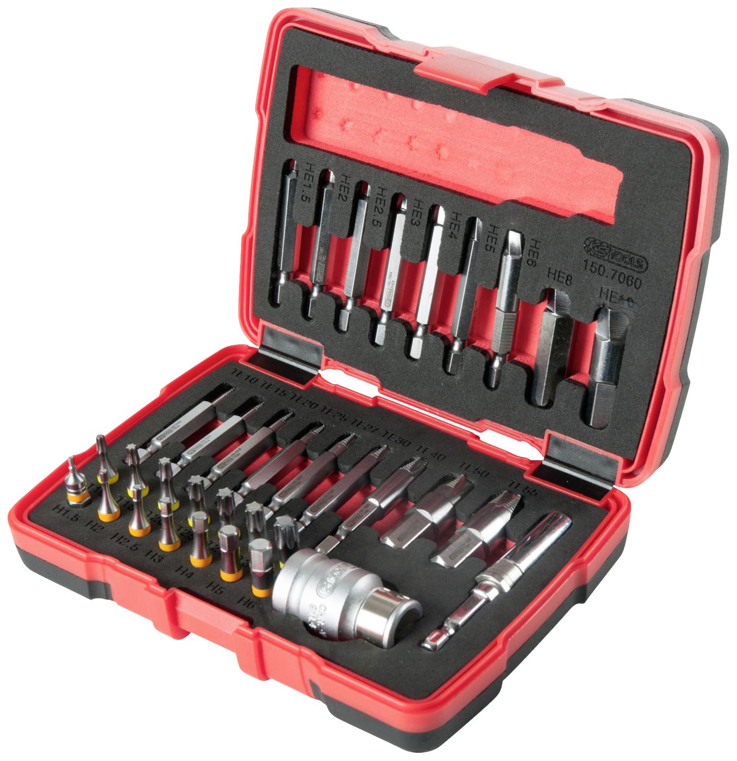 An open, red toolbox with various attachments and bits, arranged in neat rows inside.
