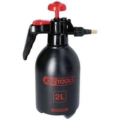 Hand-operated sprayer, black with red handle, 2-litre capacity, brand 'KS Tools'.