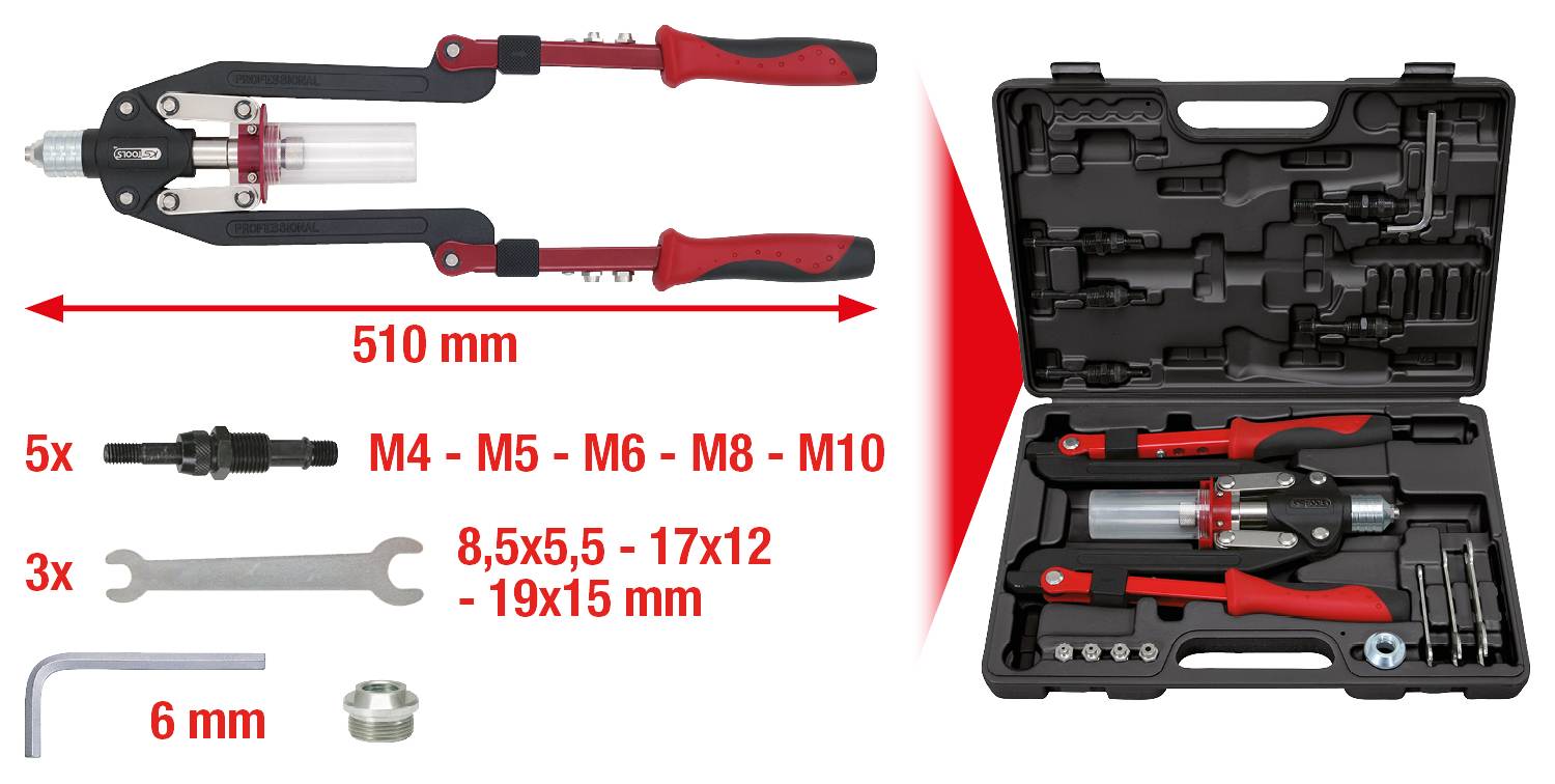 Rivet Tool Set in Open Case. Includes plier parts, attachments, open-end spanners and hexagonal keys. Tool length: 510 mm.