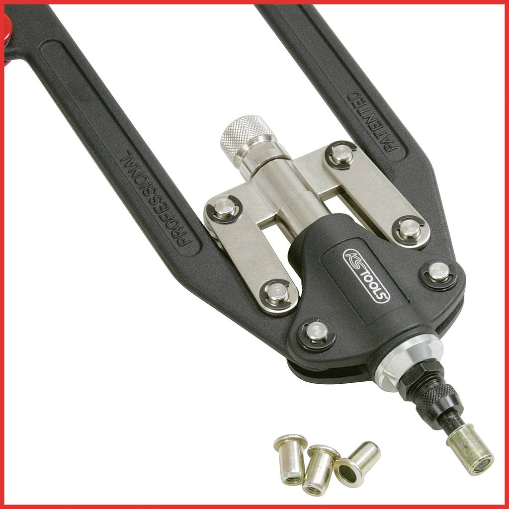 Rivet tool with a black handle and silver metal parts, alongside three golden rivets, on a white background.