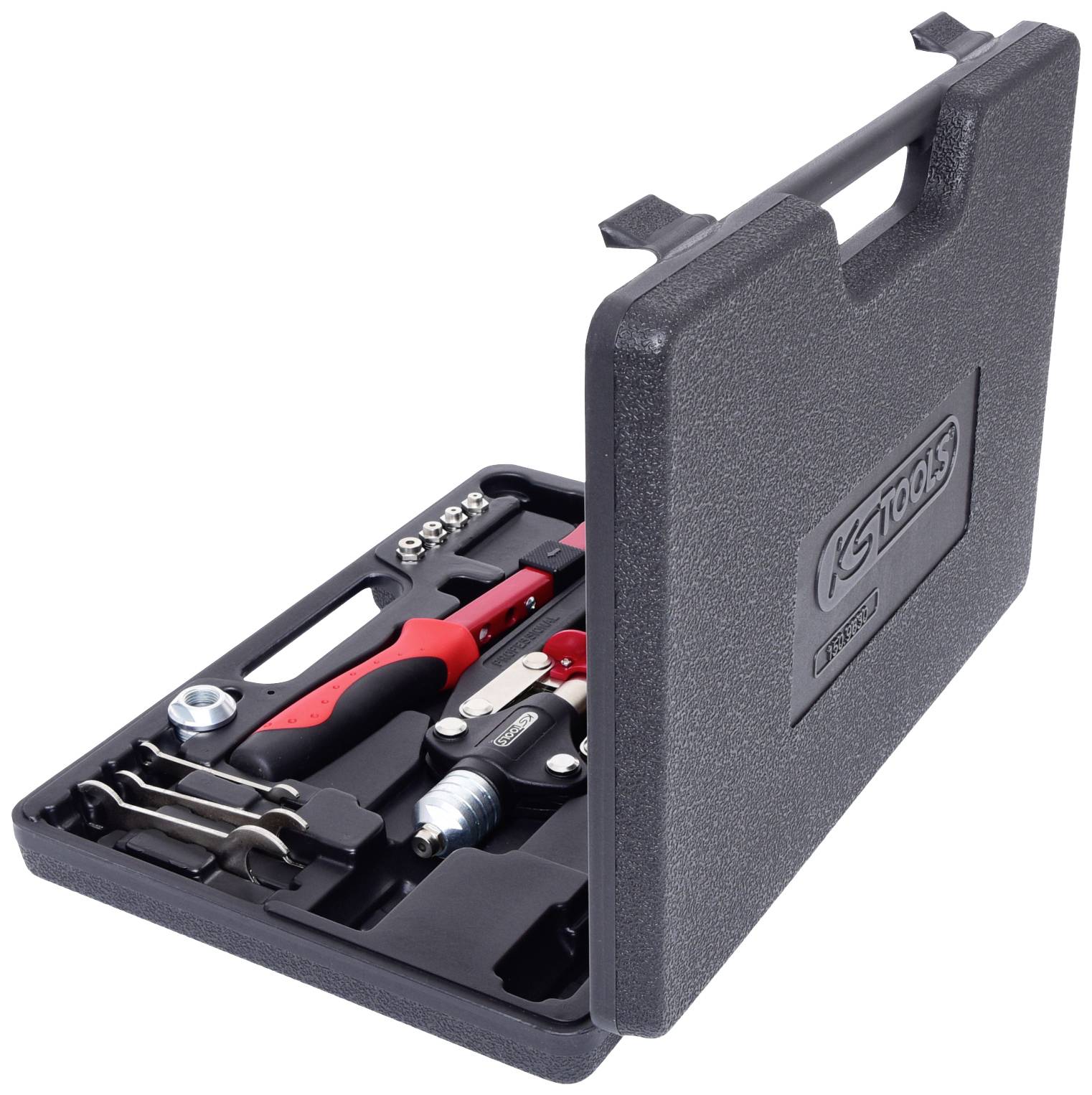 An opened toolbox with spanners, screwdrivers and pliers.