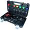 An open toolbox with various colourful inserts and a red pipe cutter. Suitable for plumbing work.