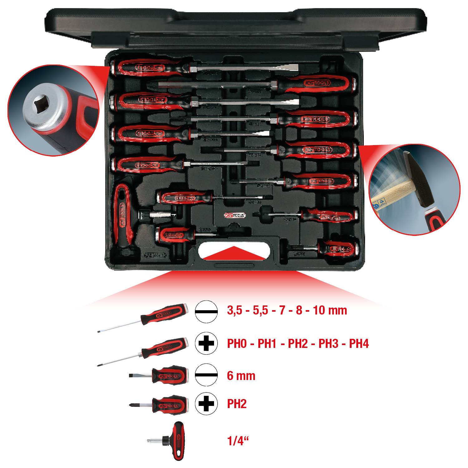 A screwdriver set in an open black box. Contains various sizes and types of screwdrivers.