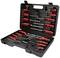A black tool case with a red handle contains various screwdrivers and bits in custom-fitted compartments.