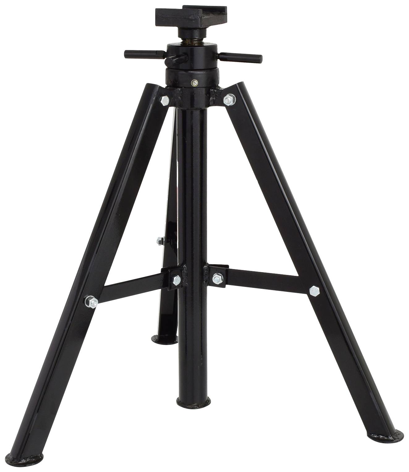 A black, three-legged tripod with an adjustable screw at the top for height adjustment. Suitable for heavy loads.