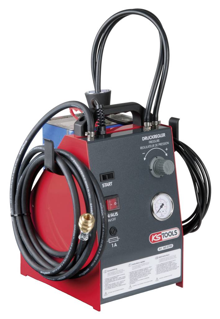 A pneumatic device with hoses and pressure gauge. On the front are a start button and a pressure regulator. Brand logo at the bottom.