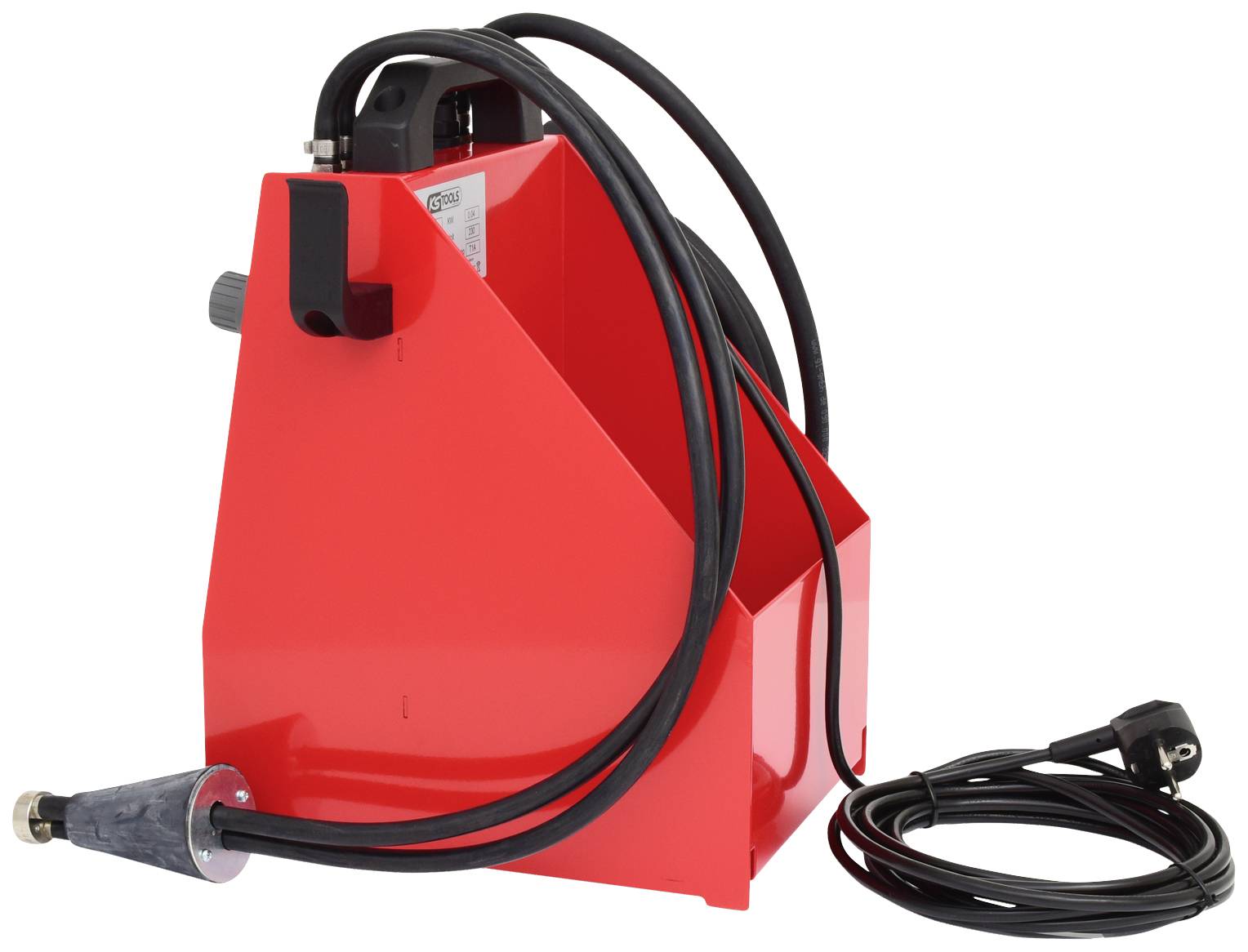 Red electrical cable winding with two cables. One cable has a plug, the other ends in a nozzle.