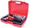 Red plastic toolbox with a rivet plier and several interchangeable attachments. Suitable for DIY work and repairs.
