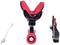 A red and black fishing rod holder with an adjustable mount, featuring a safety cable on the side.